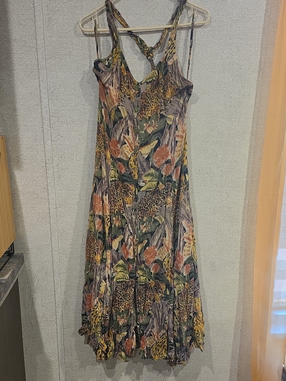 Sleeveless Maxi Dress with Floral & Leopard Print - Green/Peach